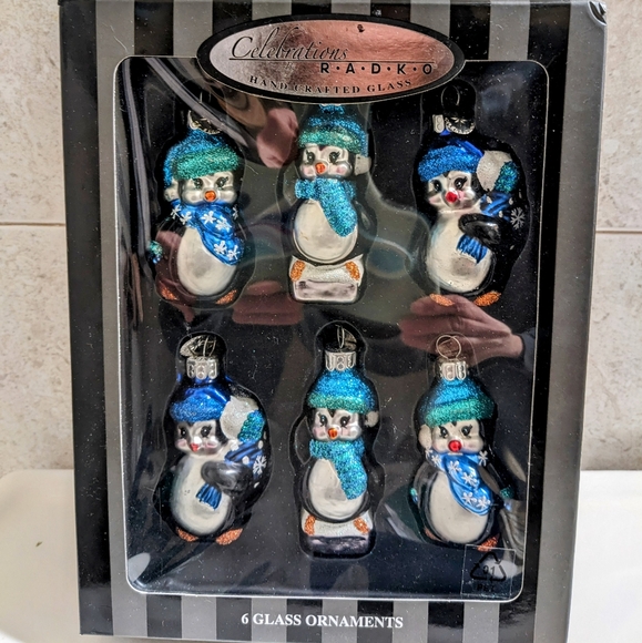 Celebration by Radko Hand Crafted Glass Christmas Ornaments - Penguins 6pcs - Picture 1 of 3